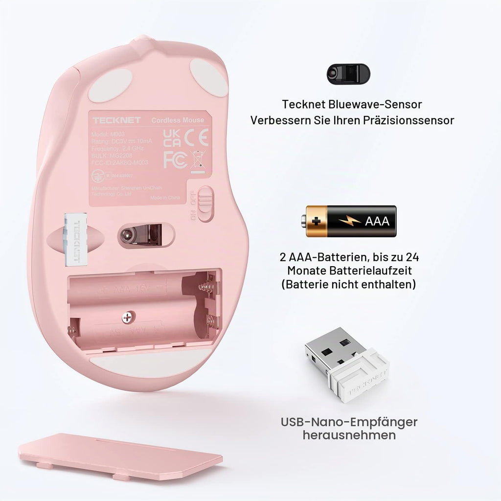 TECKNET Kabellose Maus, 2.4G Optische Funkmaus mit USB Empfänger, Grau