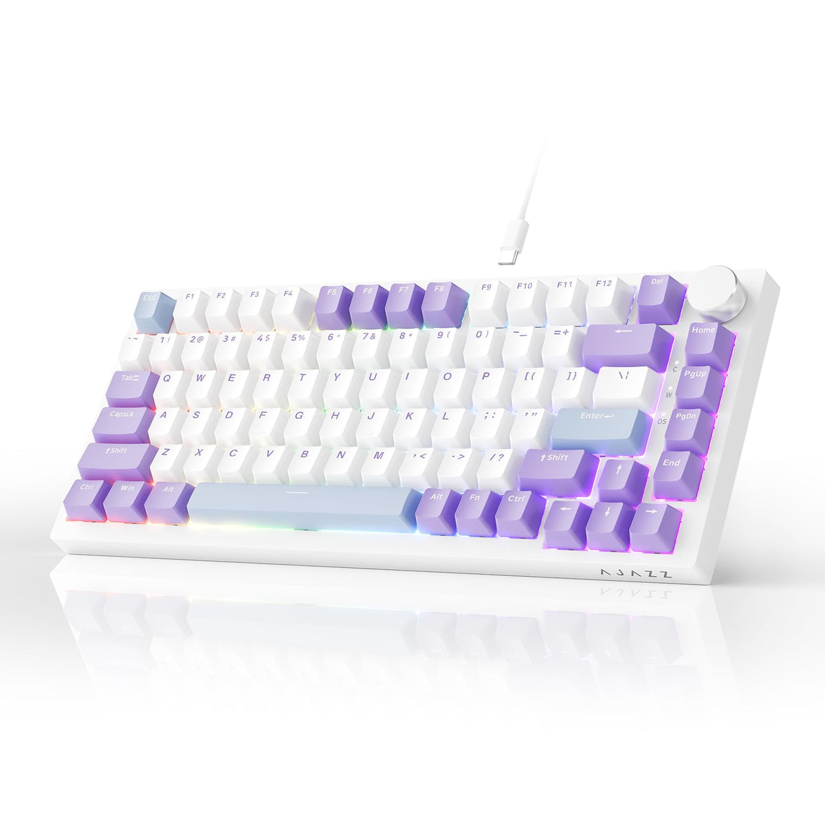 AJAZZ AK820 Mechanical Keyboard, 75% Hot Swappable Wired Keyboard with Volume Control Knob, QWERTY Layout, PBT Keycaps, Five-Layer Sound Insulation Pad, 82-Key Gaming Keyboard, Grey White