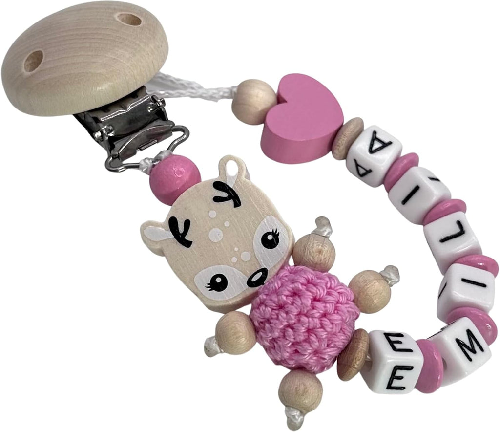 Schnullerband mit Namen für Mädchen & Jungen personalisierte Baby Geschenke (REH Herzchen)