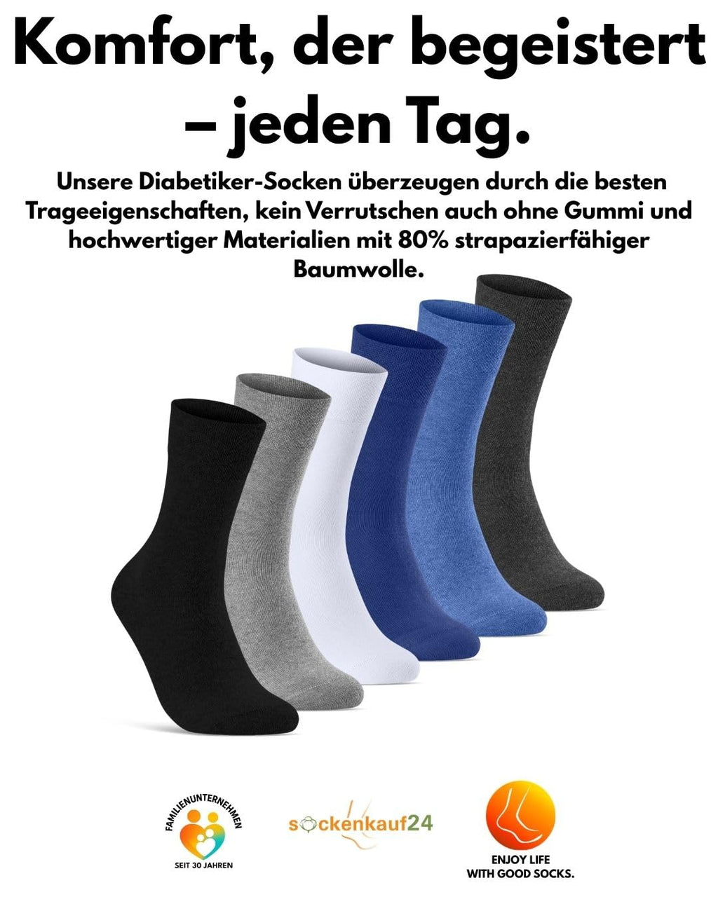 sockenkauf24 10 Paar Diabetikersocken für Herren & Damen ohne Gummibund & ohne Naht aus Baumwolle Diabetiker Socken mit Komfortbund ohne Gummi
