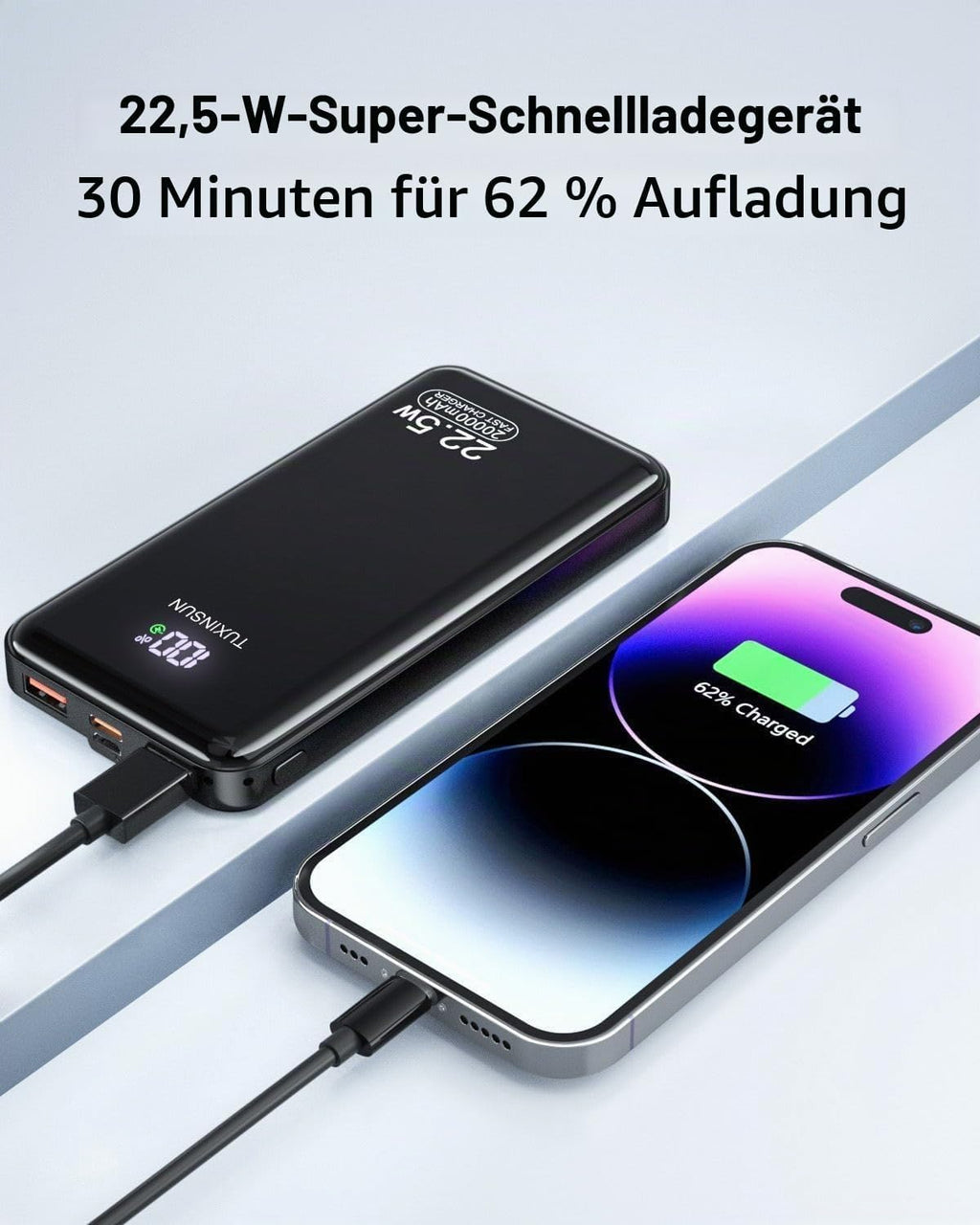 Power Bank 20000 mAh 22.5 W PD3.0 QC4.0 Externer Handyakku PD20W Schnellladen Powerbank mit LCD-Display USB-C Ausgänge und Eingänge Tragbares Ladegerät mit Smartphones