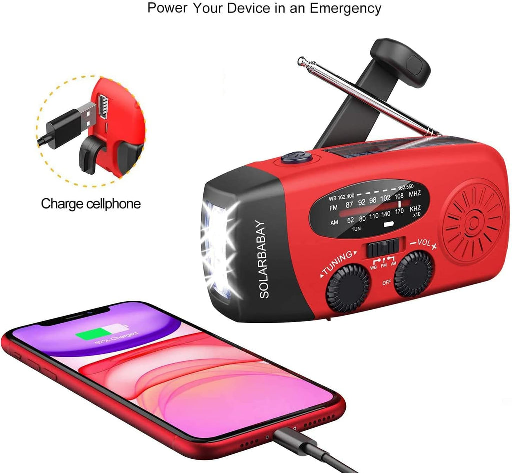 Notfall-Solarradio,Solarbaby Selbstbetriebenes Kurbelradio mit LED-Taschenlampe, SOS-Alarm,AM/FM Wetter Wind Up Radio mit 2000mAh Akku für Notladung von Smartphone,(Rod)