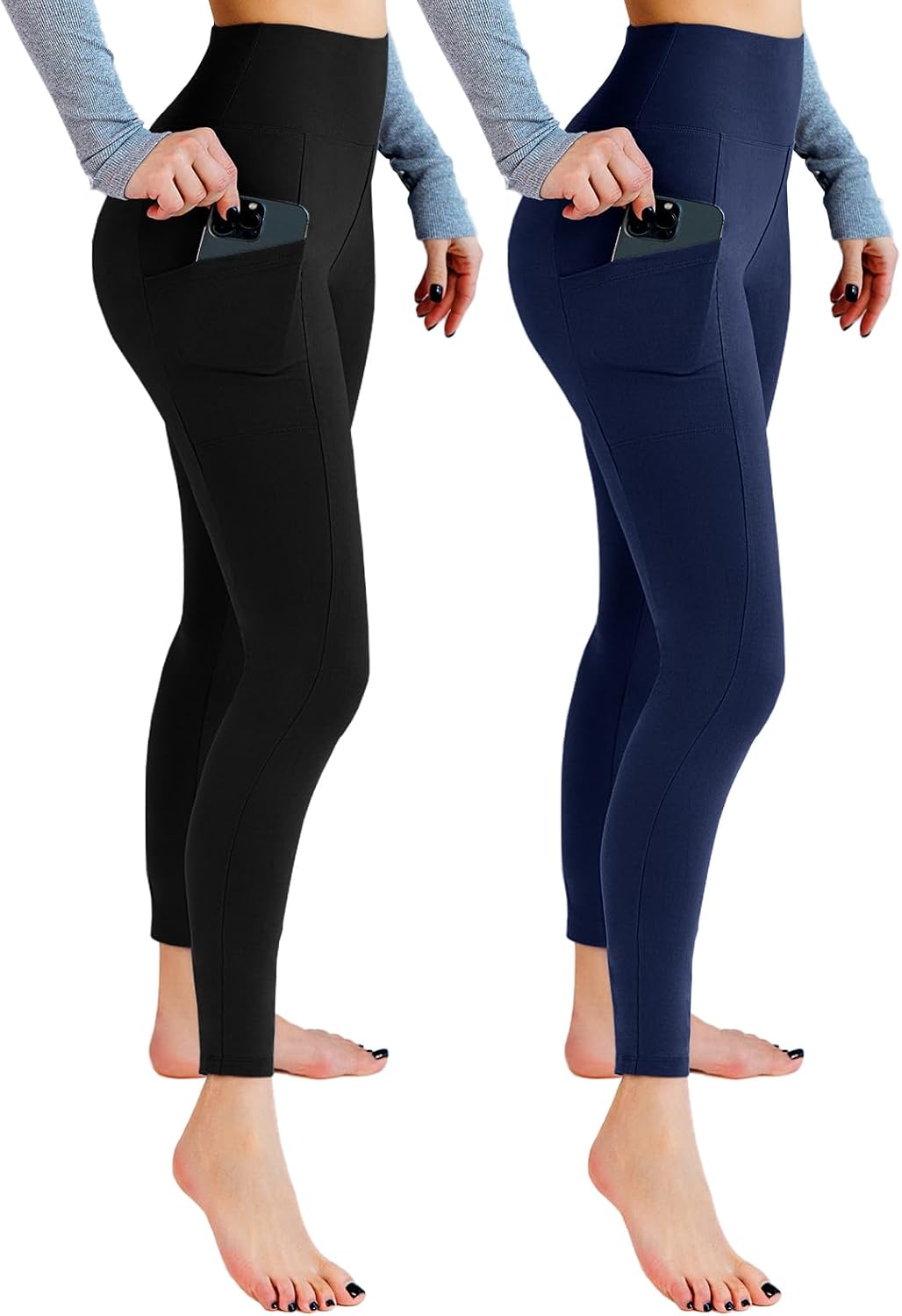 Leafigure Lot de 2 leggings de sport opaques taille haute avec poches pour entraînement, sport, yoga, course à pied