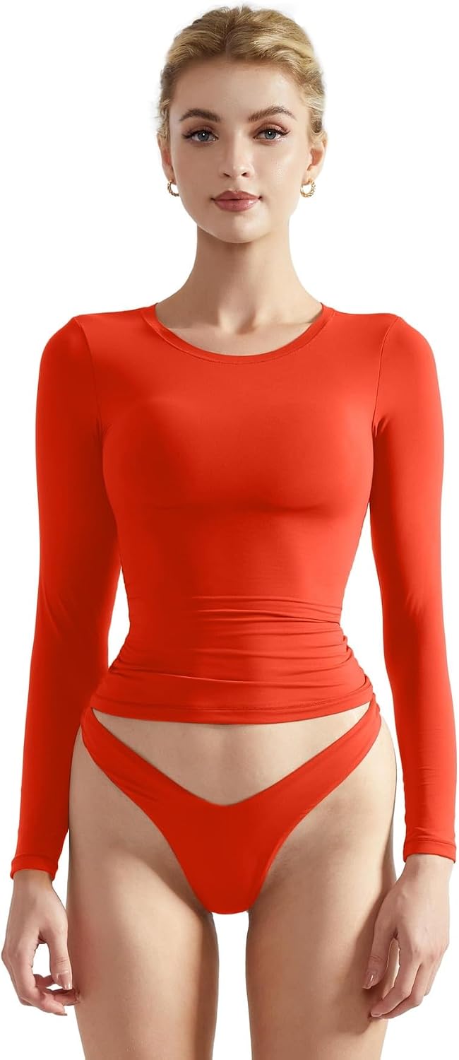SUUKSESS Women Double Lined Fitted Basic T Shirts Crew Neck Long Sleeve Crop Top
