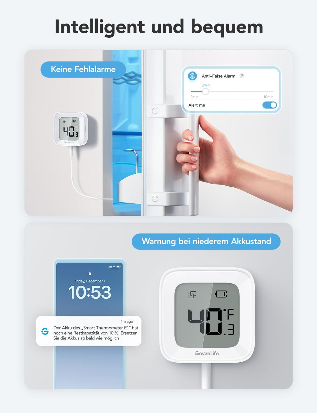 GoveeLife Kühlschrank Thermometer WLAN mit Digital & Alarm App, 1er-Sensor