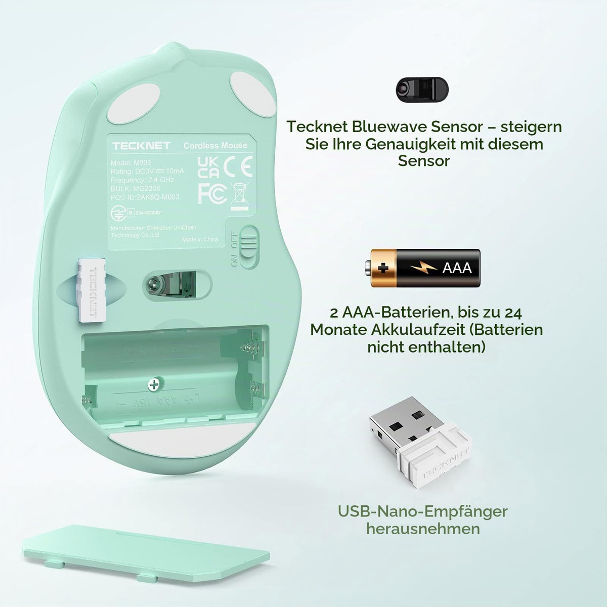 TECKNET Kabellose Maus, 2.4G Optische Funkmaus mit USB Empfänger, Grau