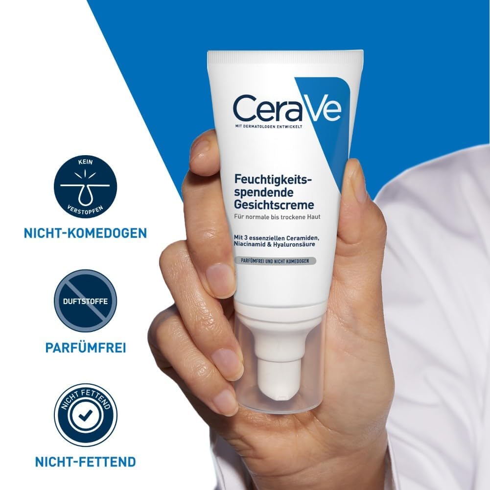 CeraVe Feuchtigkeitsspendende Gesichtscreme für normale bis trockene Haut, Ultraleichte Formel, Mit Hyaluron, Niacinamid und 3 essenziellen Ceramiden