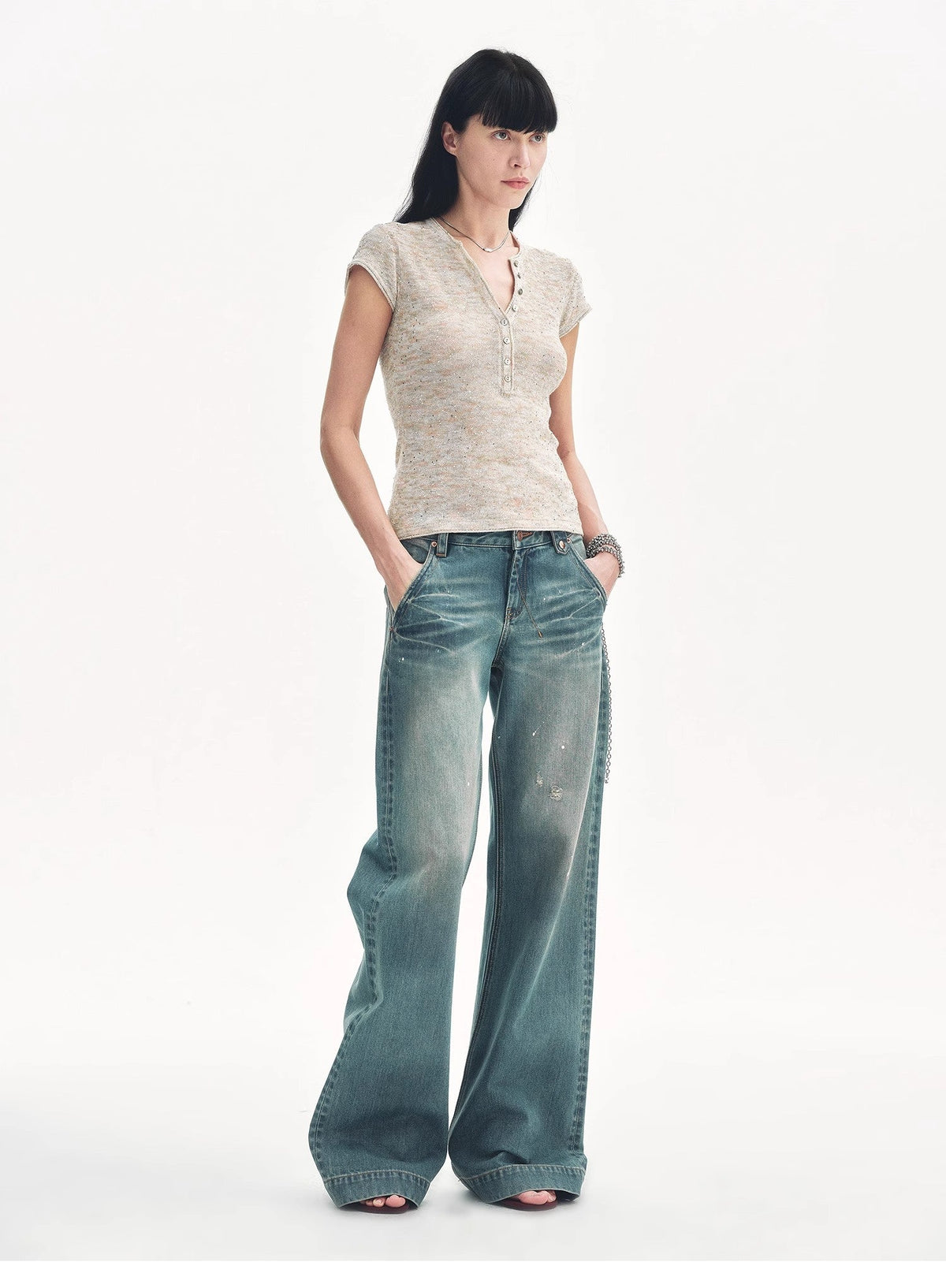 Cotton and Linen Blend Sequined Henley Neck Short Sleeve T-Shirt"Minimalist Light Gap"