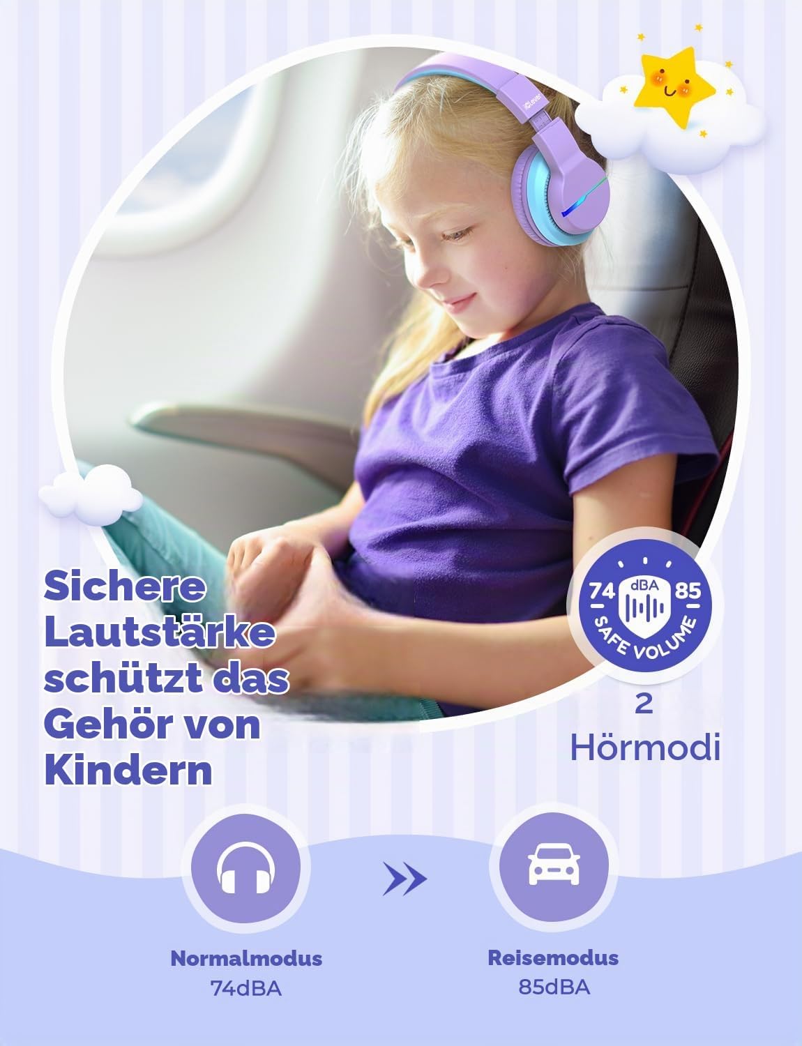 iClever BTH12 Bluetooth-Kopfhörer für Kinder mit LED-Beleuchtung, 85 Stunden Wiedergabezeit, ideal für Reisen