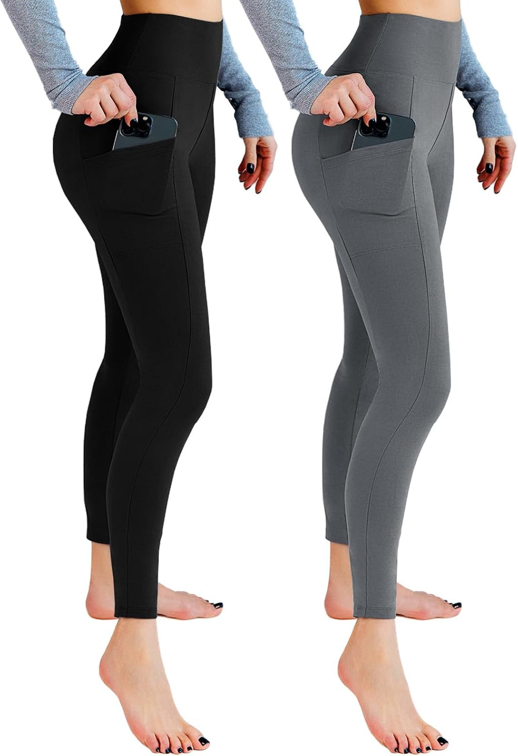 Leafigure Lot de 2 leggings de sport opaques taille haute avec poches pour entraînement, sport, yoga, course à pied