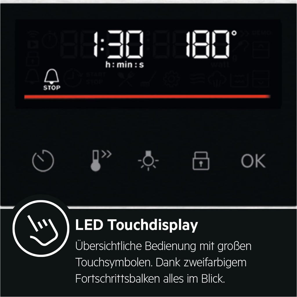 AEG Einbaubackofen, Serie 5 Ringheißluft: Gleichmäßige Garergebnisse auf 3 Ebenen, Pyrolyse Selbstreinigung, 45 Automatikprogramme, LED-Touchdisplay, Schnellaufheizung, Edelstahl, OU5PB40WSM