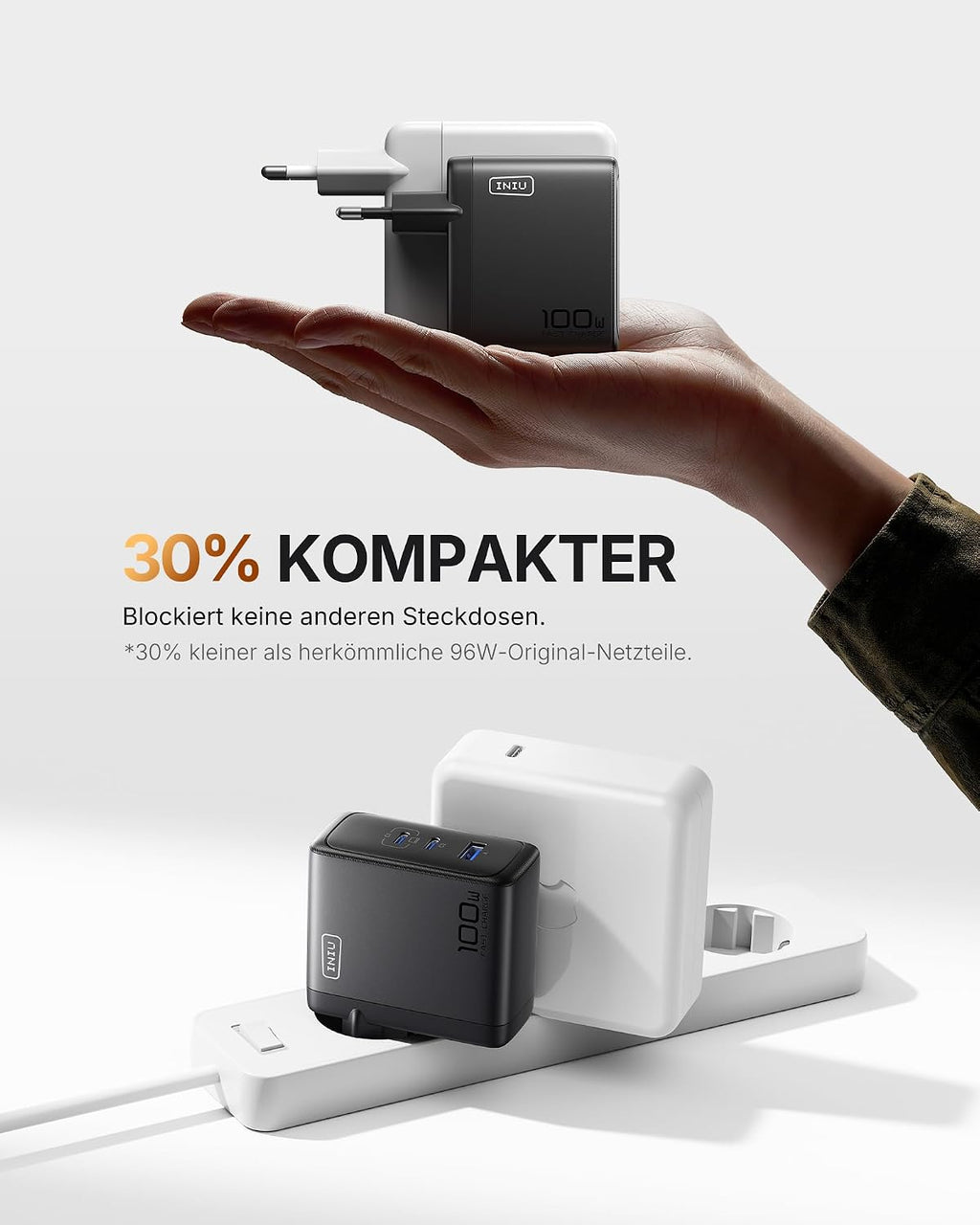 INIU USB C Ladegerät, 100W 3-Port Laptop Schnellladegerät mit 1.5m Kabel