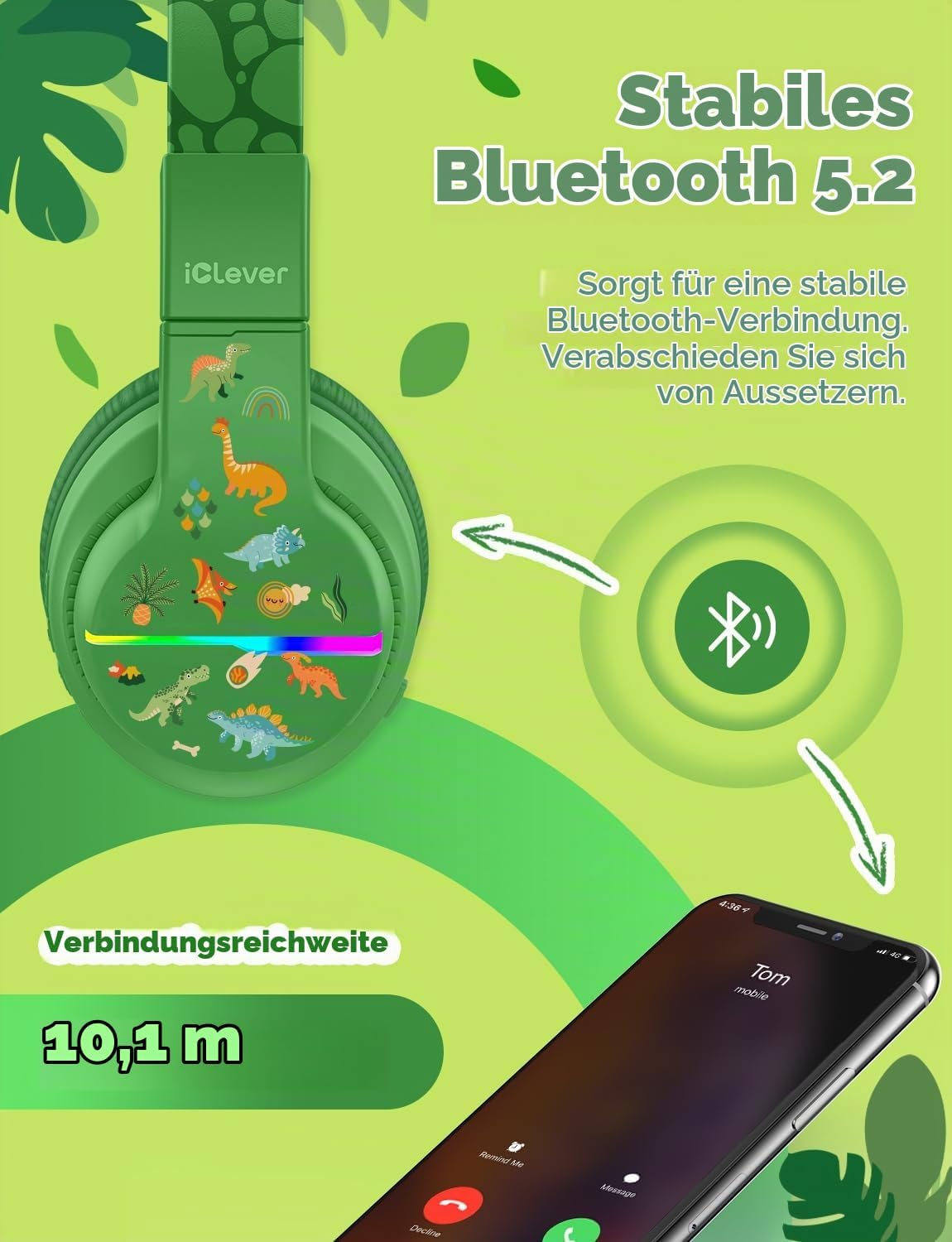 iClever BTH12 Bluetooth-Kopfhörer für Kinder mit LED-Beleuchtung, 85 Stunden Wiedergabezeit, ideal für Reisen