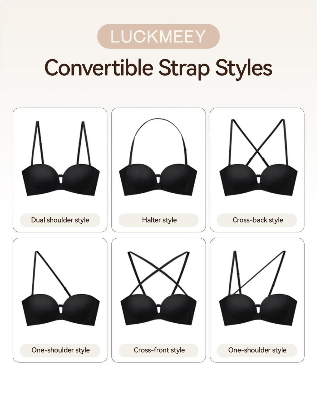 LUCKMEEY Women's Strapless Front Closure Push Up Bra, Non-Slip Removable Straps, Wireless Seamless, A-C Cup