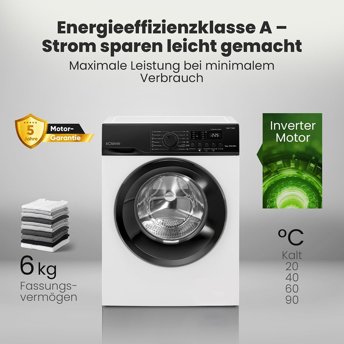 Bomann® Waschmaschine 6kg | 5 Jahre Motor-Garantie | Invertermotor - effizient, leise & langlebig | max. 1000 U/min | 12 Programme | Endzeitvorwahl | LED-Display | Washing Machine | WA 7162 weiß
