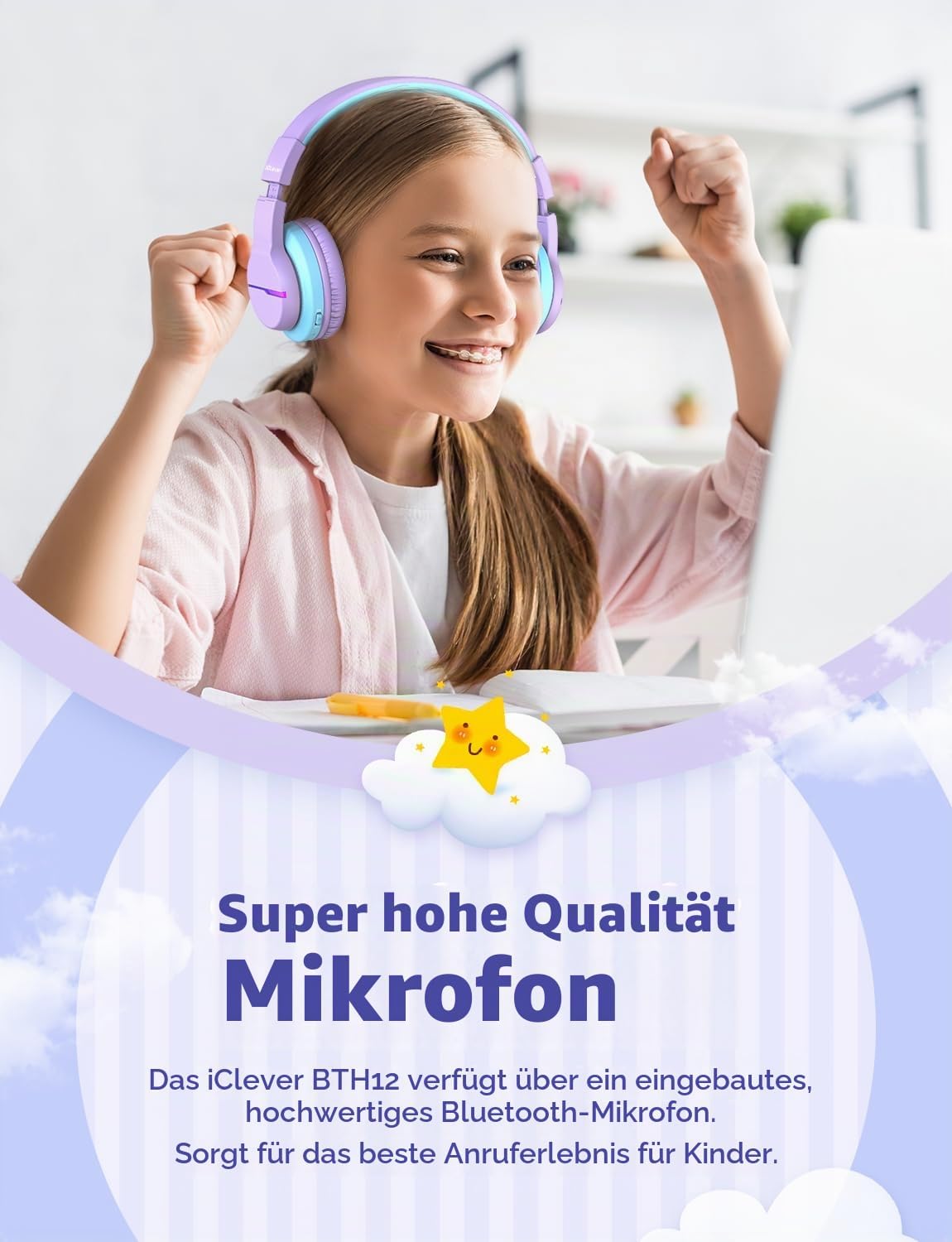 iClever BTH12 Bluetooth-Kopfhörer für Kinder mit LED-Beleuchtung, 85 Stunden Wiedergabezeit, ideal für Reisen