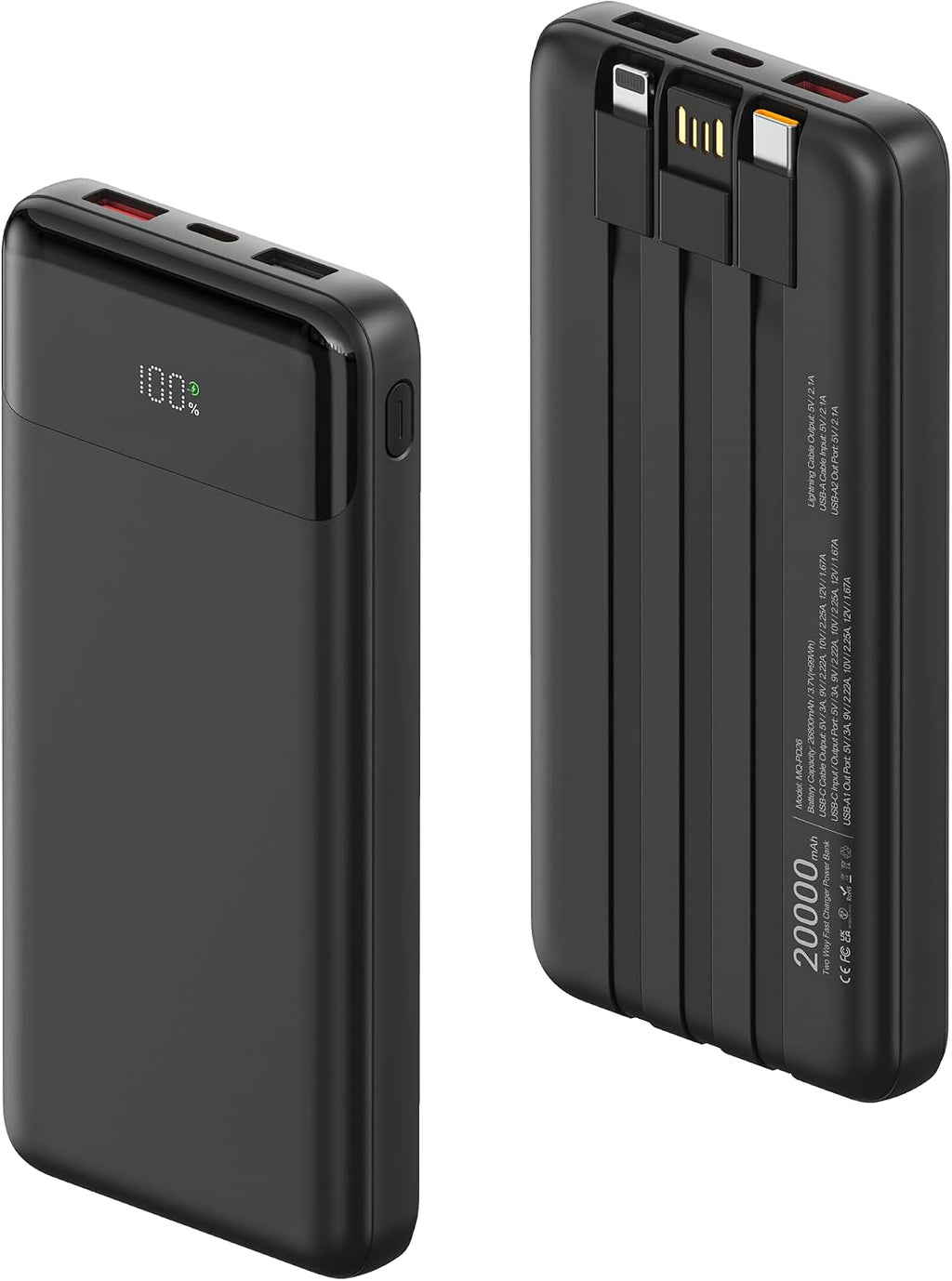 Power Bank 20000mAh, Powerbank 22,5W Schnellladung mit Integrierten 3 Kabel
