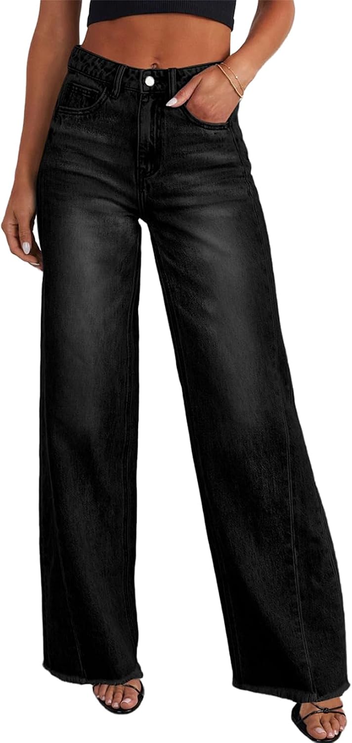 Sidefeel Damen Jeans mit weitem Bein, hoch taillierte, elastische Denim-Hose