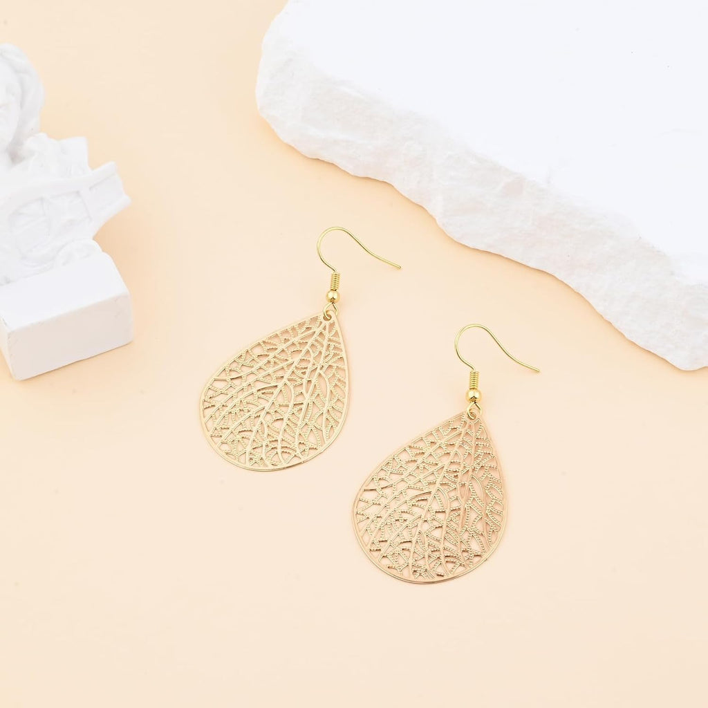 14K Gold vergoldet Blattgold Ohrringe für Frauen, Silber Ohrringe Hängend Damen mit Anhänger Tropfenform, Wassertropfen Schmuck für Geschenk