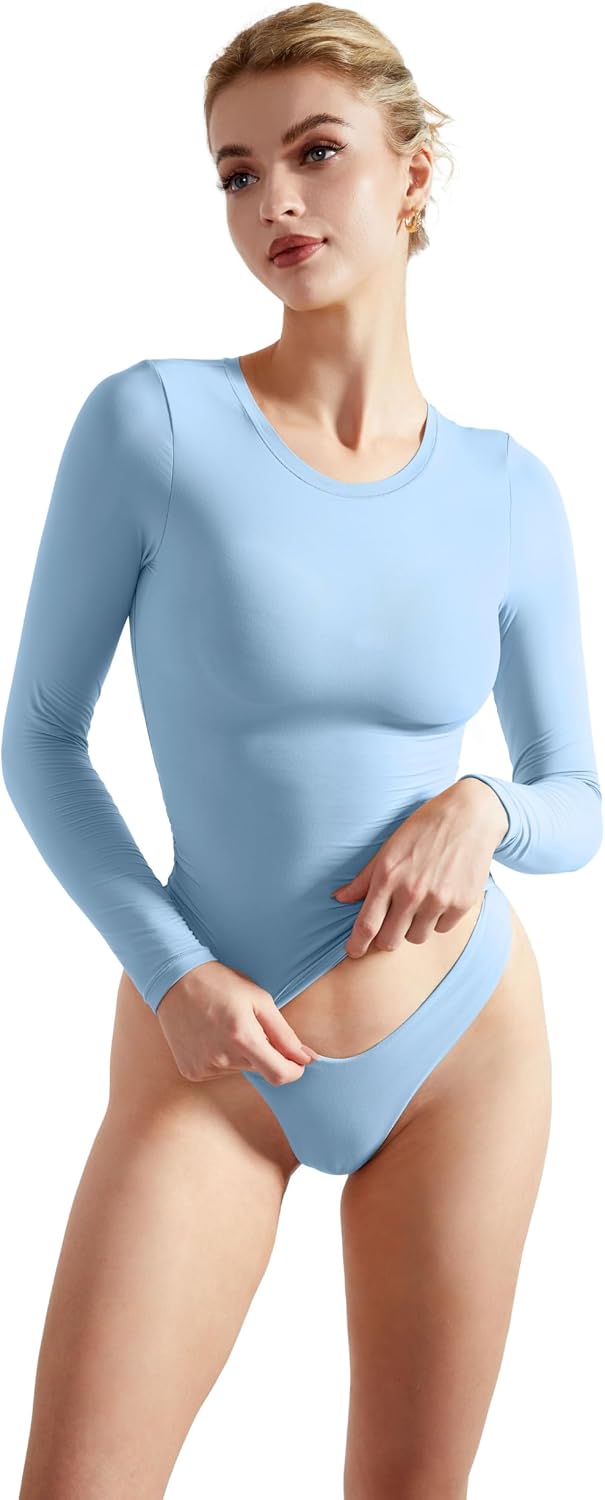SUUKSESS Women Double Lined Fitted Basic T Shirts Crew Neck Long Sleeve Crop Top
