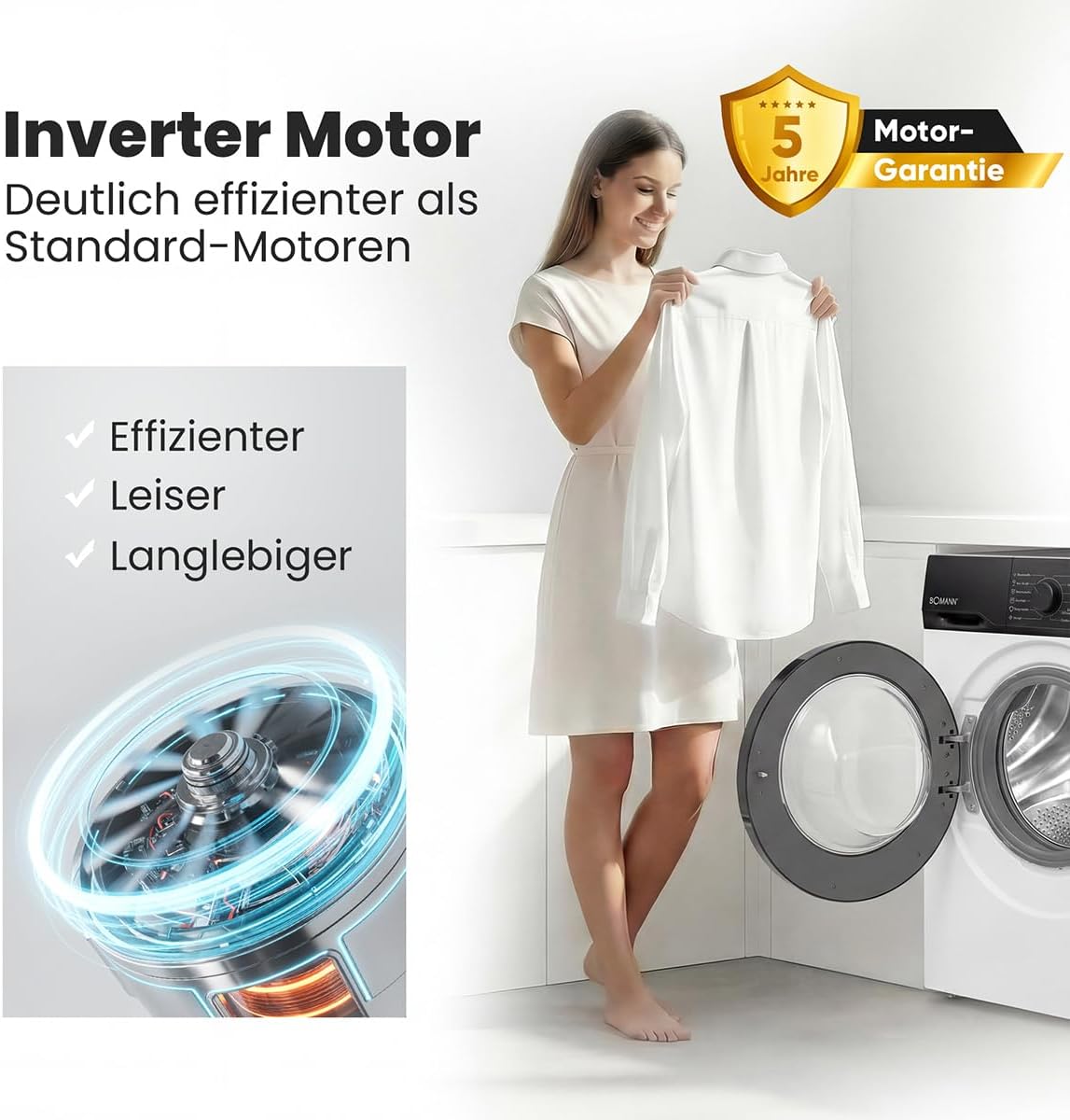 Bomann® Waschmaschine 6kg | 5 Jahre Motor-Garantie | Invertermotor - effizient, leise & langlebig | max. 1000 U/min | 12 Programme | Endzeitvorwahl | LED-Display | Washing Machine | WA 7162 weiß