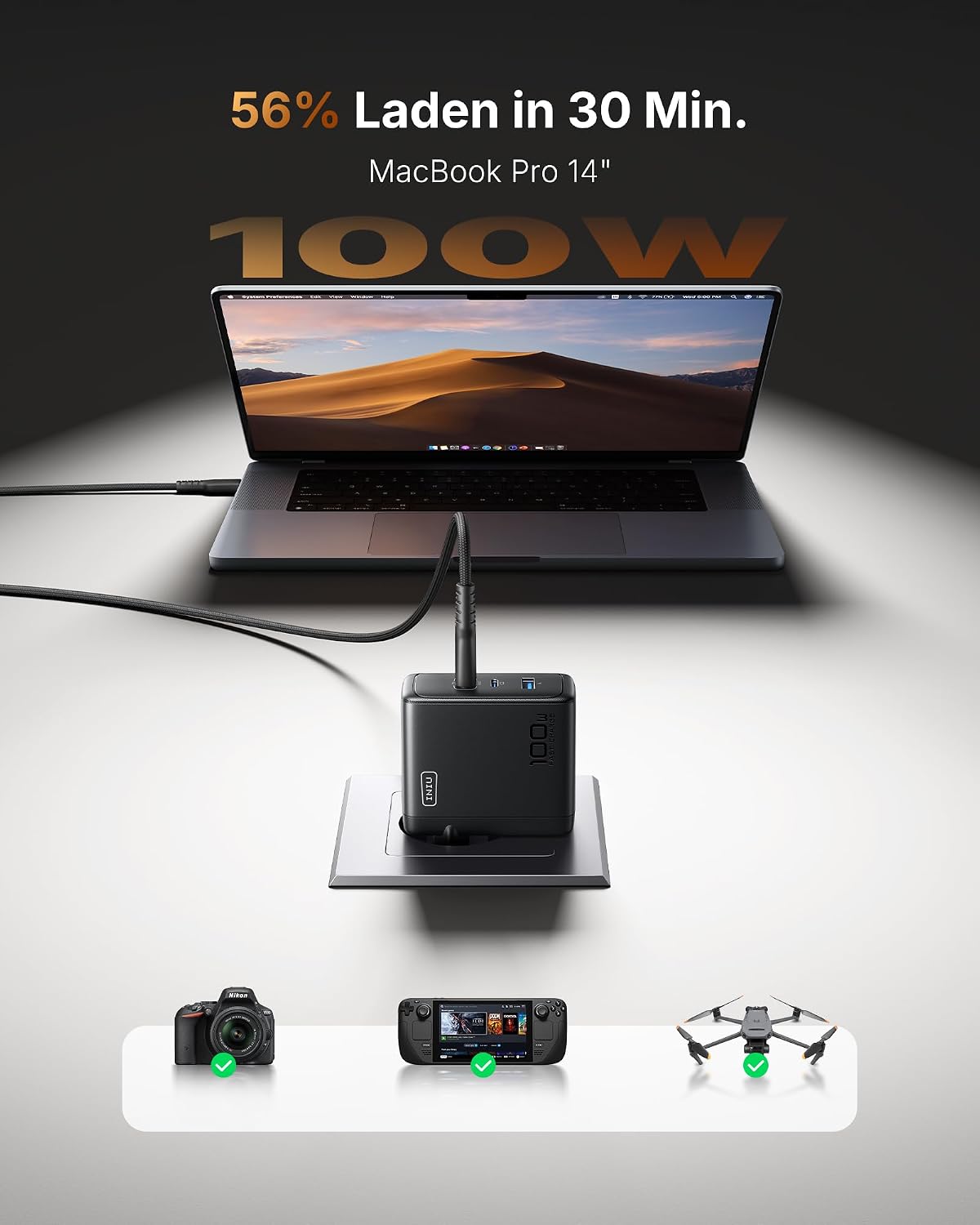 INIU USB C Ladegerät, 100W 3-Port Laptop Schnellladegerät mit 1.5m Kabel