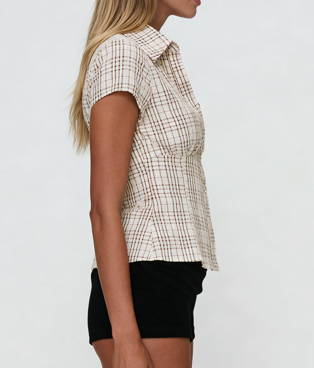 Damen Y2K Kurzarm-Bluse mit Knopfleiste, körperbetont und mit Kragen