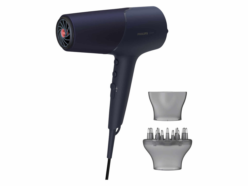 Philips Haartrockner 5000 Series, ThermoShield Technologie, Ionisierungsfunktion, 2.300 W, Metallic-Blau, mit 9-mm- und 11-mm-Stylingdüse, Volumendiffusor, BHD510/20