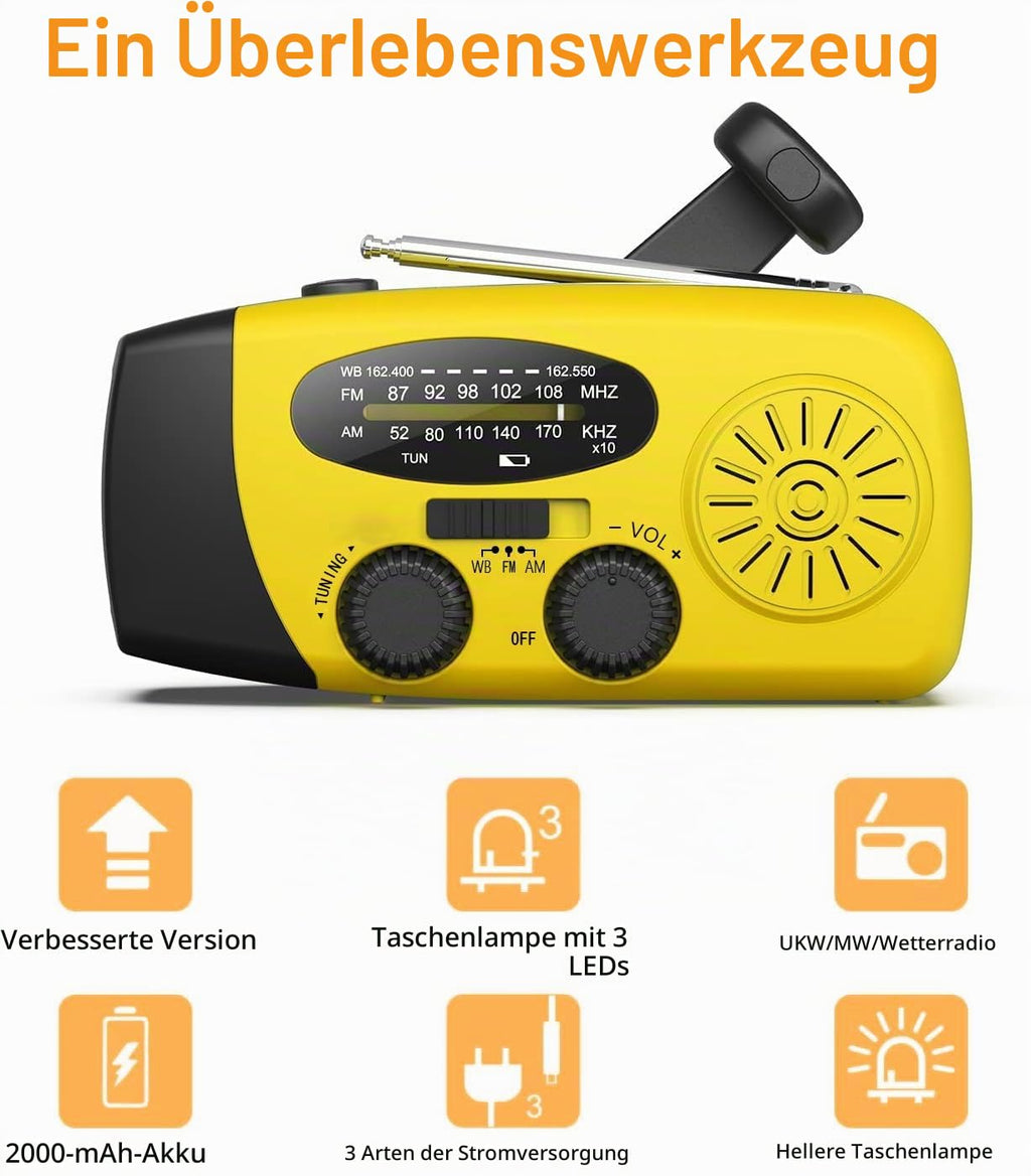 Notfall-Solarradio,Solarbaby Selbstbetriebenes Kurbelradio mit LED-Taschenlampe, SOS-Alarm,AM/FM Wetter Wind Up Radio mit 2000mAh Akku für Notladung von Smartphone,(Rod)