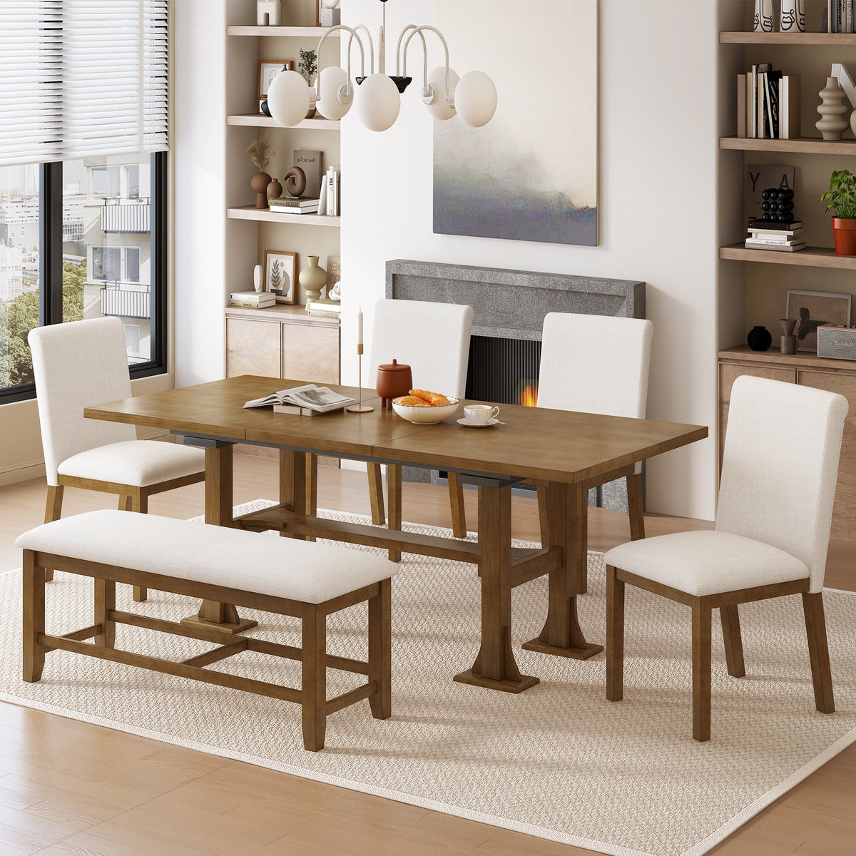 Farmhouse 76inch 6-Piece Extendable Dining Table Set Trestle Kitchen Table Set With 18inch Removable Leaf and Upholstere