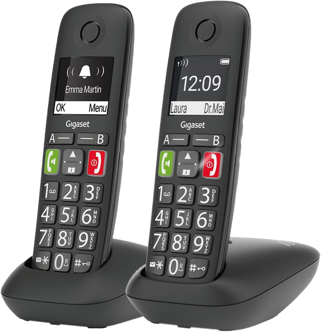 Gigaset E290A Duo - 2 Schnurlose Senioren DECT-Telefone mit Anrufbeantworter - großen Tasten und Display, Zielwahltasten für wichtige Nummern, Verstärker-Funktion für extra lautes Hören, schwarz