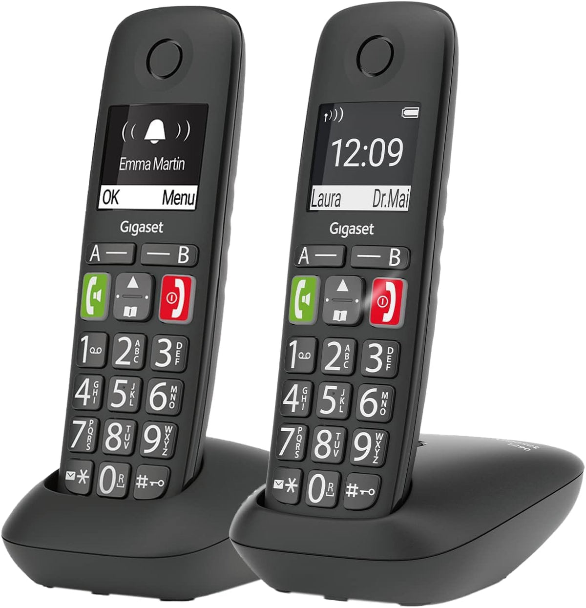 Gigaset E290A Duo - 2 Schnurlose Senioren DECT-Telefone mit Anrufbeantworter - großen Tasten und Display, Zielwahltasten für wichtige Nummern, Verstärker-Funktion für extra lautes Hören, schwarz