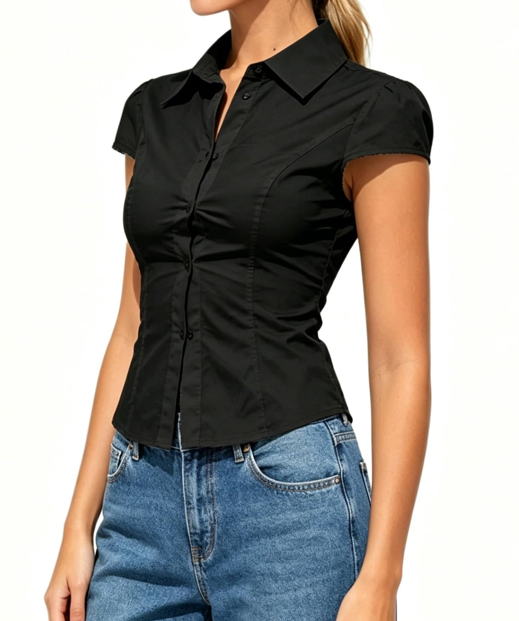 Damen Y2K Kurzarm-Bluse mit Knopfleiste, körperbetont und mit Kragen