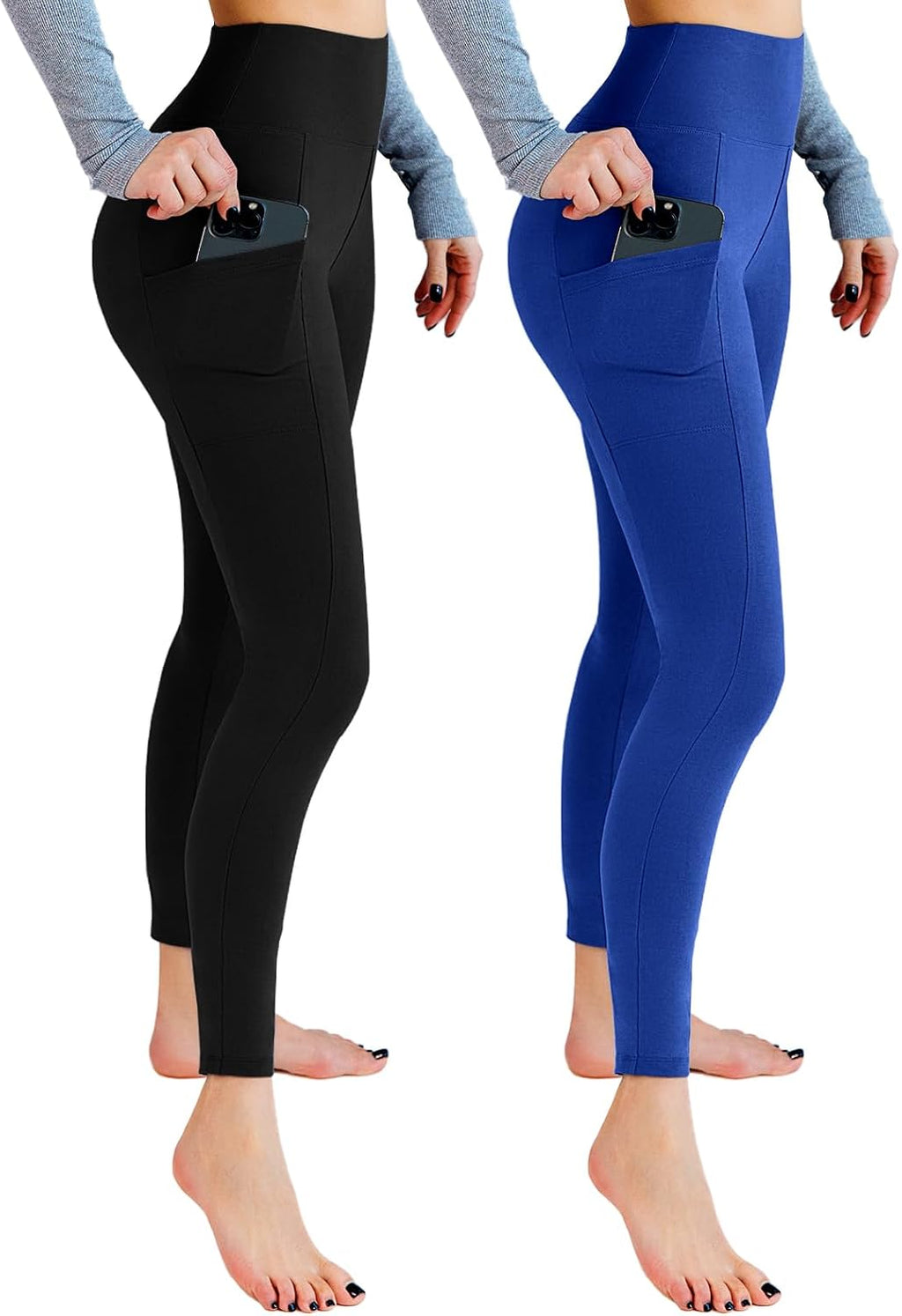 Leafigure Lot de 2 leggings de sport opaques taille haute avec poches pour entraînement, sport, yoga, course à pied