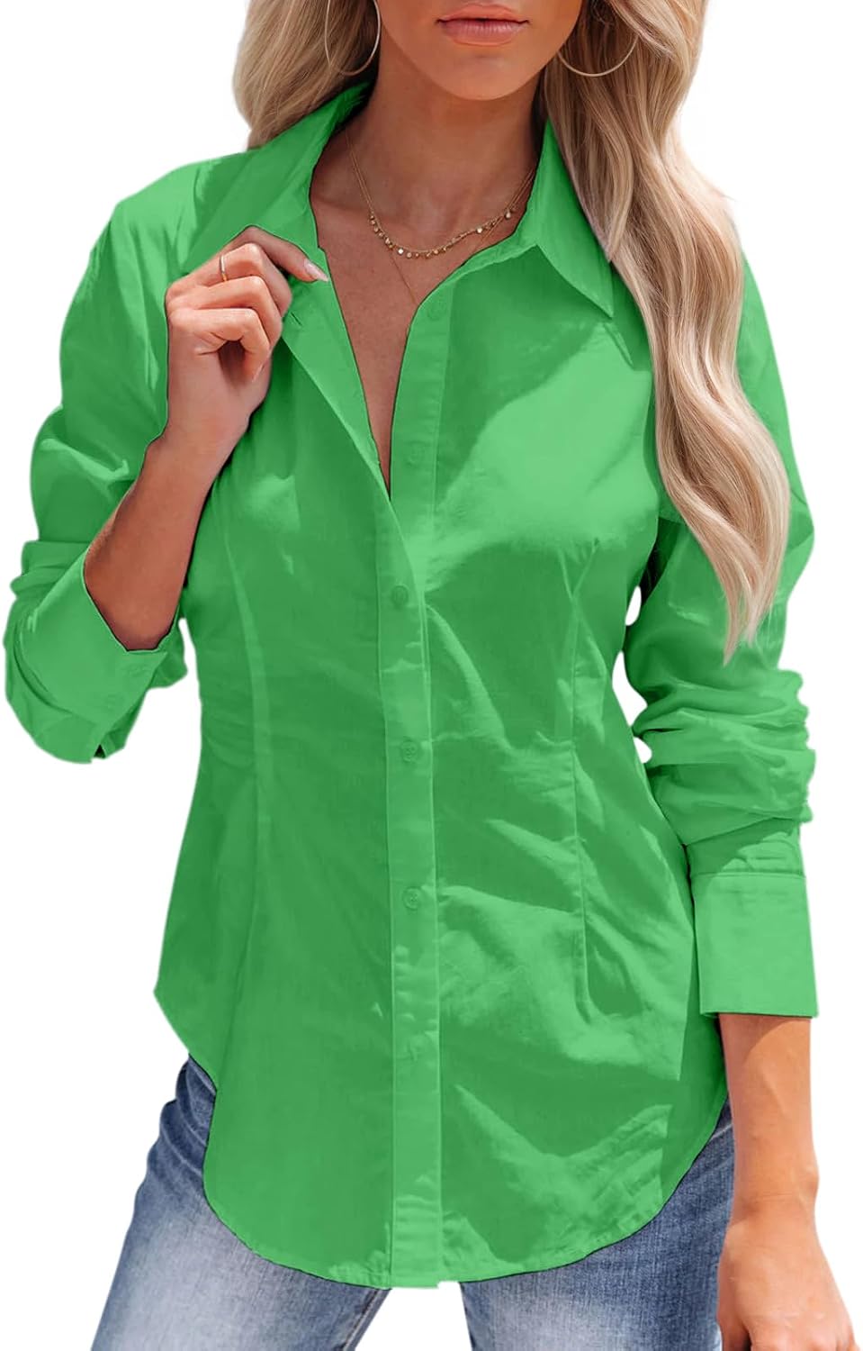 siliteelon Women's Button Down Shirts Long Sleeve Dress Shirts Wrinkle Free Collared Work Office Solid Blouses Corset Tops