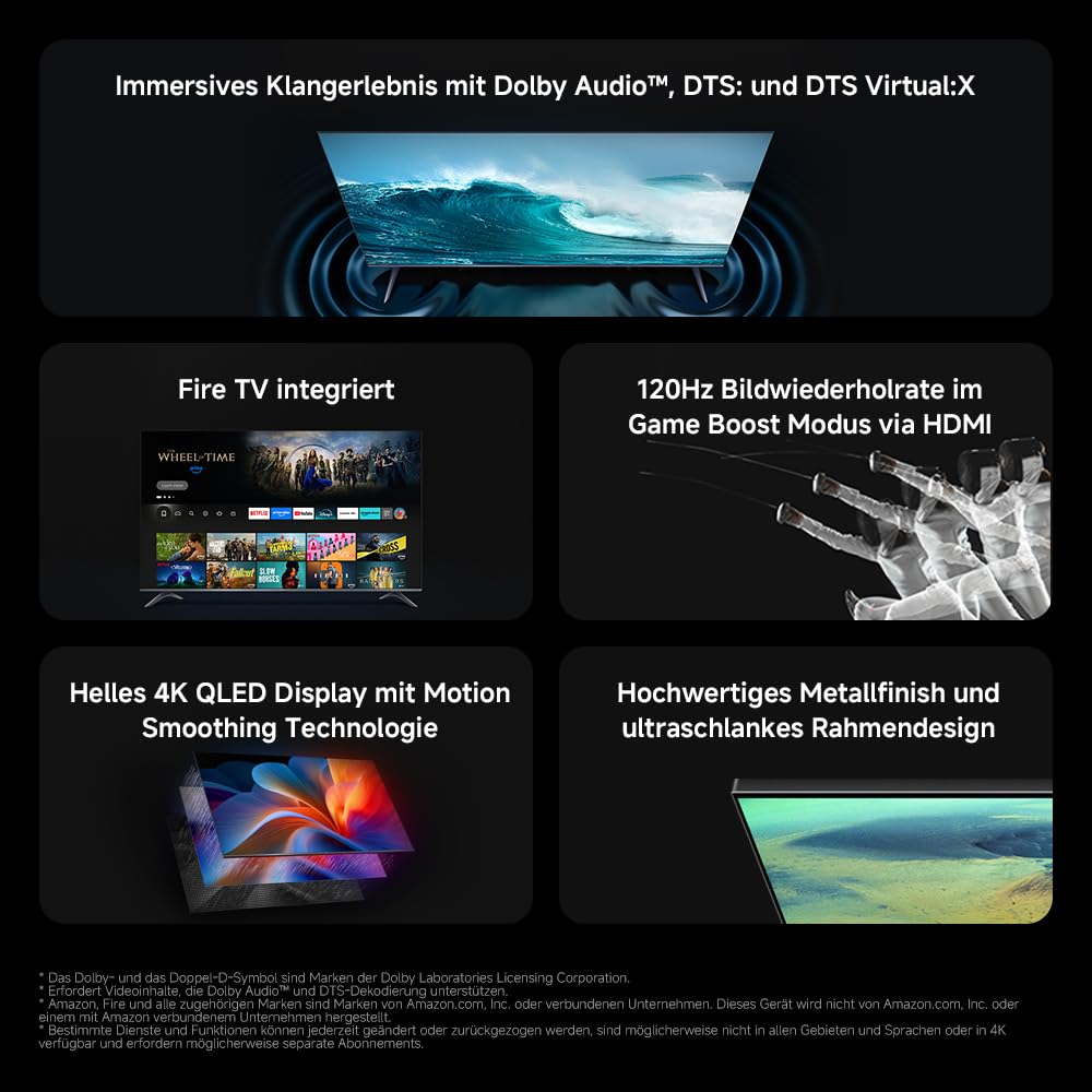 XIAOMI F2 Smart Fire TV 43 Zoll, 108 cm Fernseher (4K UHD, HDR10, Rahmenloses Metallgehäuse, Prime Video, Netflix, Alexa Sprachsteuerung, HDMI 2.1, Bluetooth, USB, Triple Tuner) Modelljahr:2022