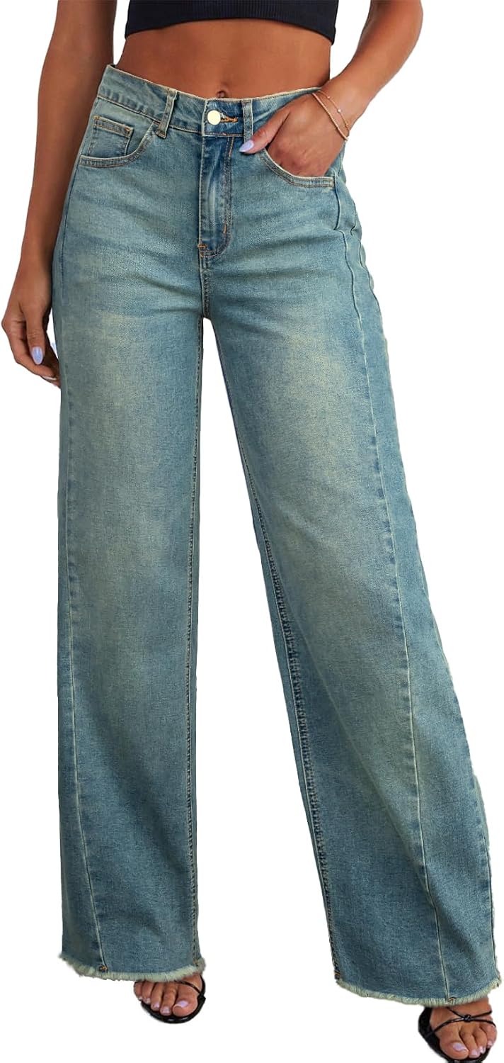 Sidefeel Damen Jeans mit weitem Bein, hoch taillierte, elastische Denim-Hose