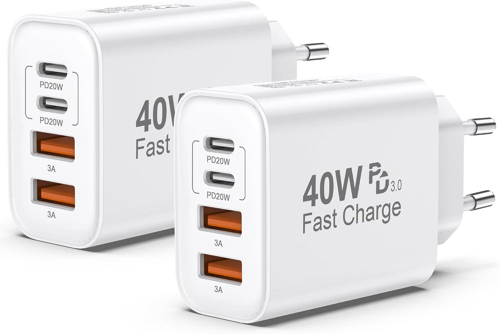 2er Pack USB C Ladegerät, 4 Ports 40W Mehrfach Schnellladegerät Netzteil Power Adapter Für iPhone 18/17/16/15/14/Für iPhone 13/12/11 Pro/Max/Plus/XR/XS/iPad/Samsung Handy, USB C & USB A PD 3.0 Charger