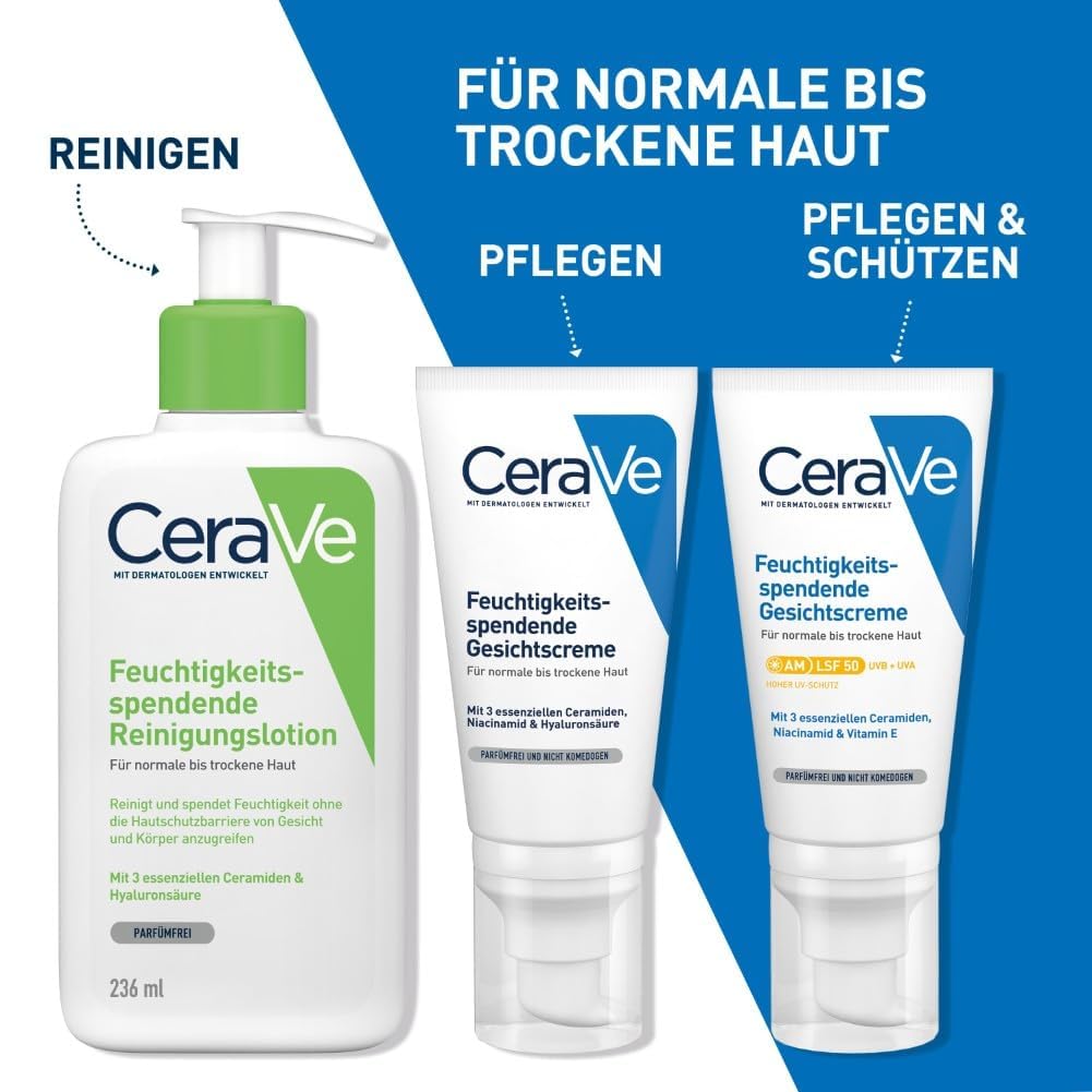 CeraVe Feuchtigkeitsspendende Gesichtscreme für normale bis trockene Haut, Ultraleichte Formel, Mit Hyaluron, Niacinamid und 3 essenziellen Ceramiden