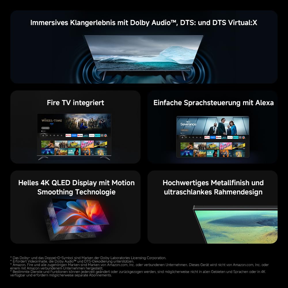 XIAOMI F2 Smart Fire TV 43 Zoll, 108 cm Fernseher (4K UHD, HDR10, Rahmenloses Metallgehäuse, Prime Video, Netflix, Alexa Sprachsteuerung, HDMI 2.1, Bluetooth, USB, Triple Tuner) Modelljahr:2022