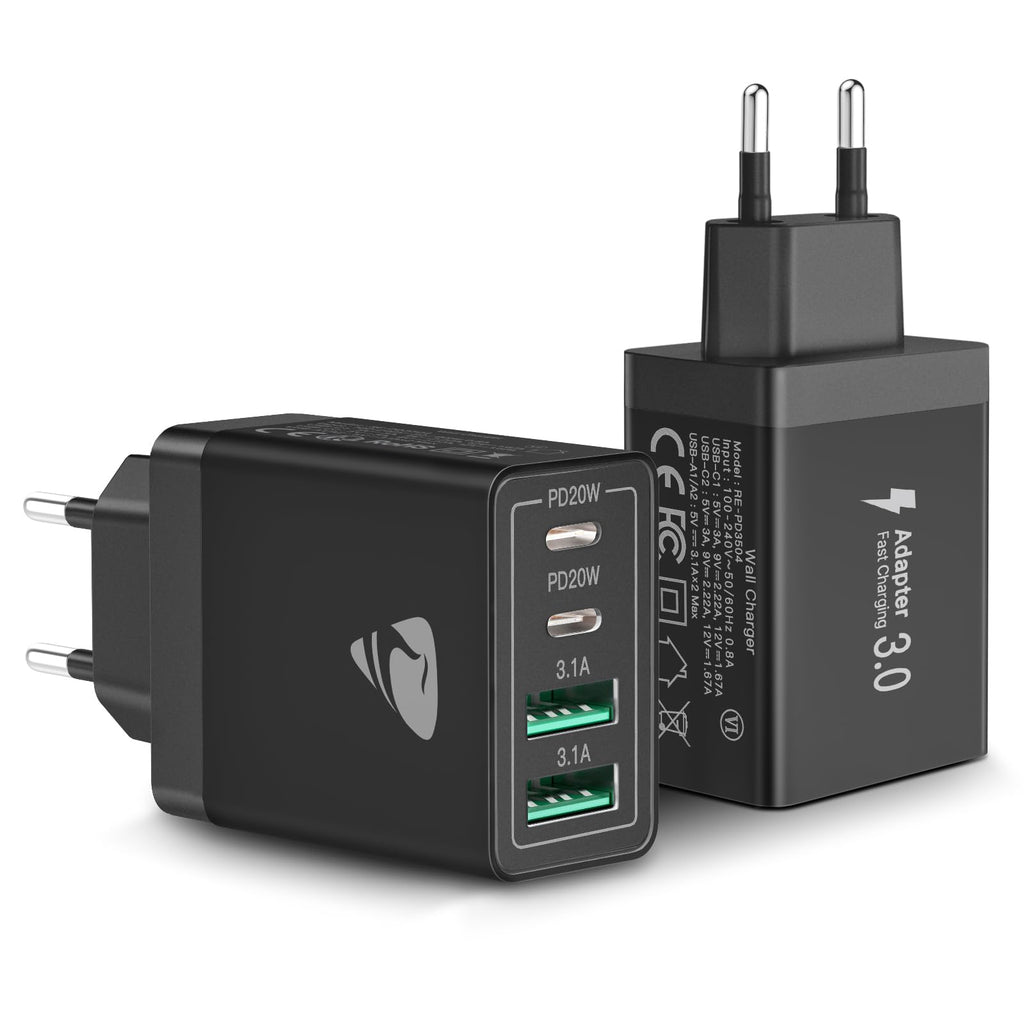 USB C Ladegerät, 40W 4-Port USB ladegerät Mehrfach Schnellladegerät PD 3.0