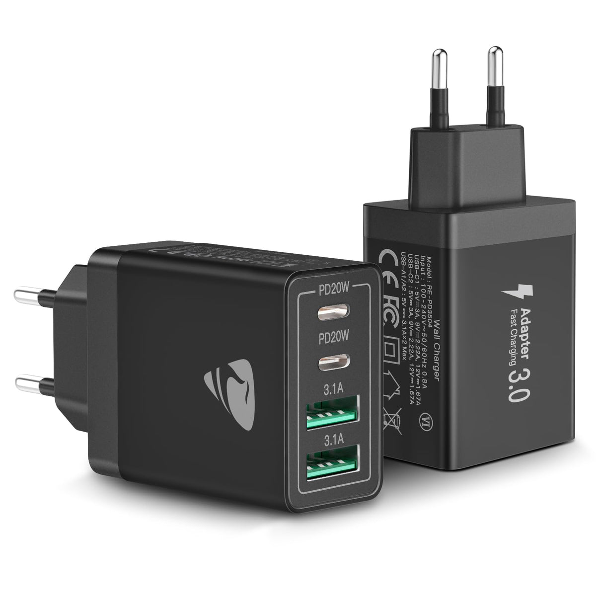 USB C Ladegerät, 40W 4-Port USB ladegerät Mehrfach Schnellladegerät PD 3.0