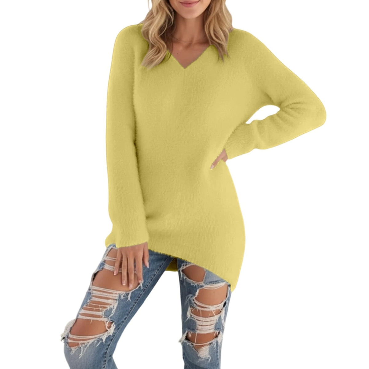 Générique Pull Femme Col V Chic Et Elegant Hiver Grande Taille Manche Longue Chaude Sexy Oversize Couleur Unie Tricot Pulls