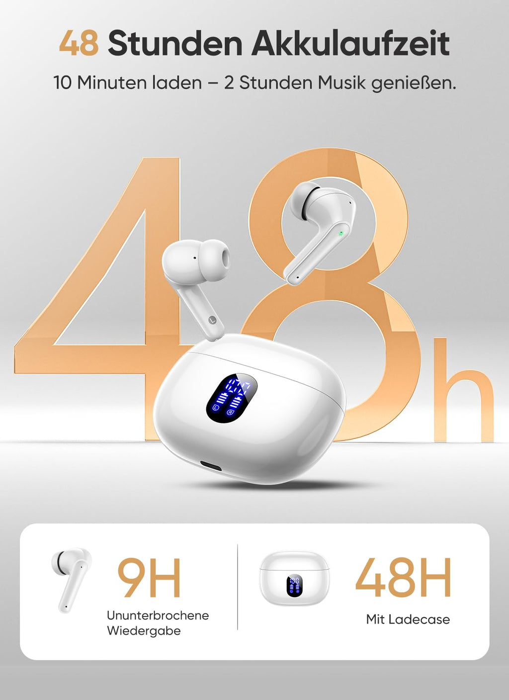 Bluetooth 5.4 Kabellose In-Ear Kopfhörer mit Smart Touchscreen, 48 Std. Wiedergabezeit, Aktive ANC Geräuschunterdrückung + ENC Anrufverarbeitung, 5 EQ-Modi, HiFi Stereo, IPX7 Wasserdicht Austerweiß