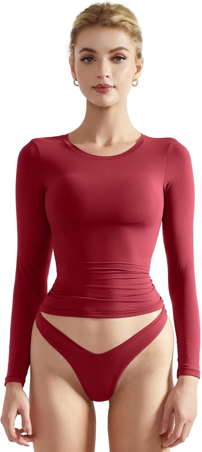 SUUKSESS Women Double Lined Fitted Basic T Shirts Crew Neck Long Sleeve Crop Top