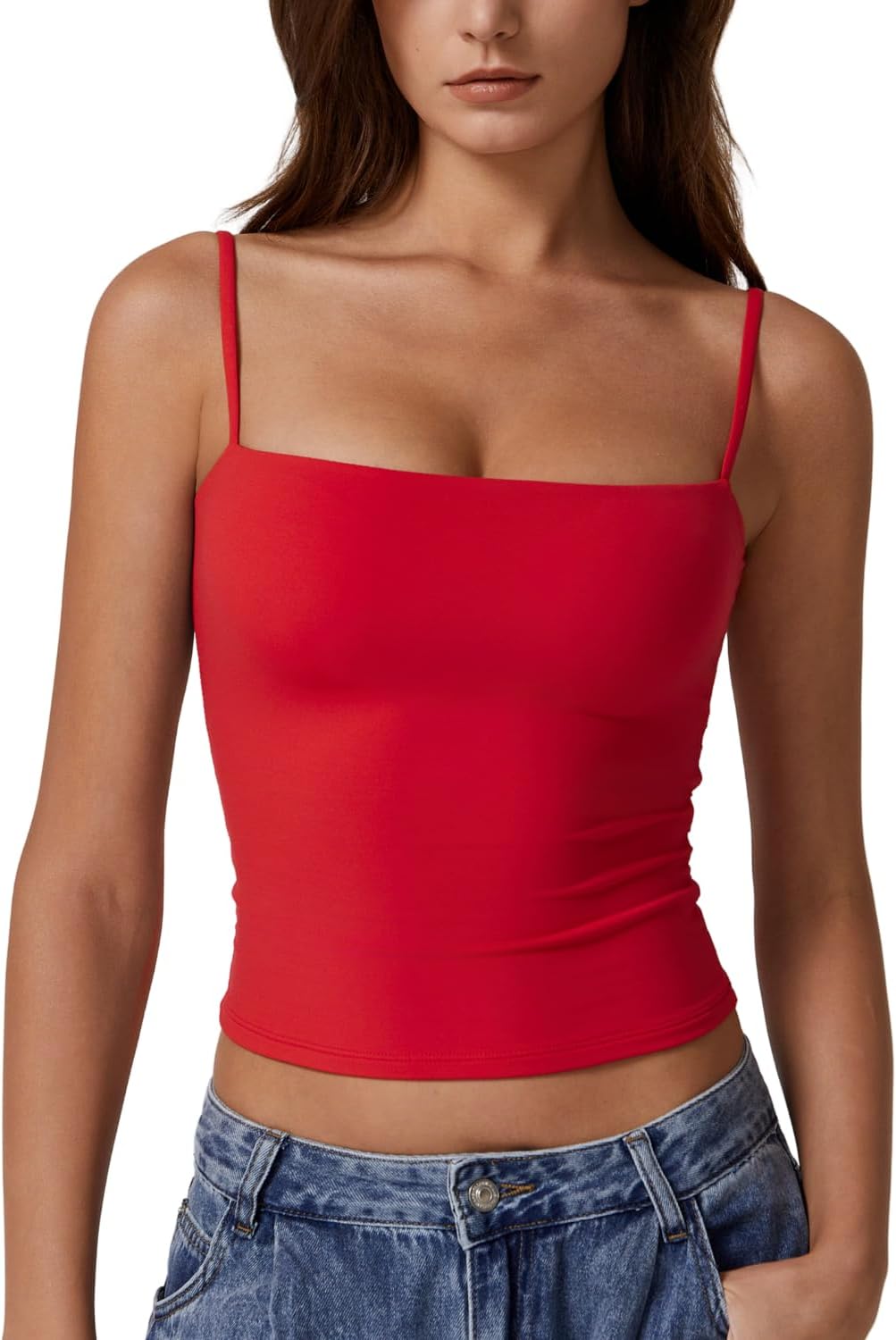 QINSEN Women's Double Lined Basic Tank Top Adjustable Spaghetti Straps Sleeveless Camisole Shirts