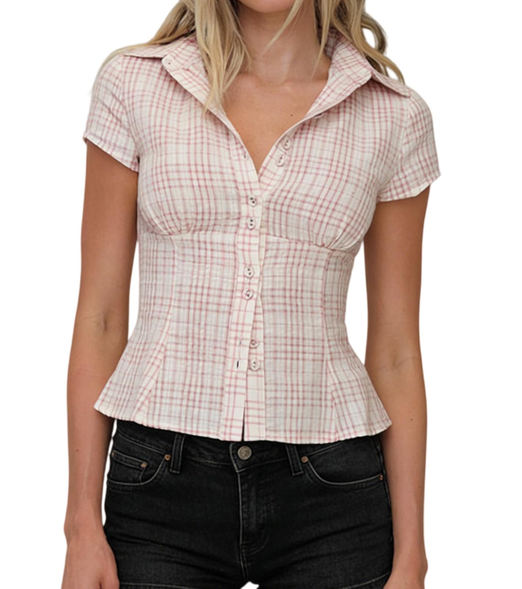 Damen Y2K Kurzarm-Bluse mit Knopfleiste, körperbetont und mit Kragen