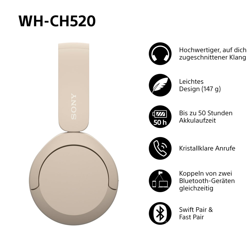 Sony WH-CH520 Kabellose Bluetooth-Kopfhörer - bis zu 50 Stunden Akkulaufzeit mit Schnellladefunktion, On-Ear-Modell - Schwarz