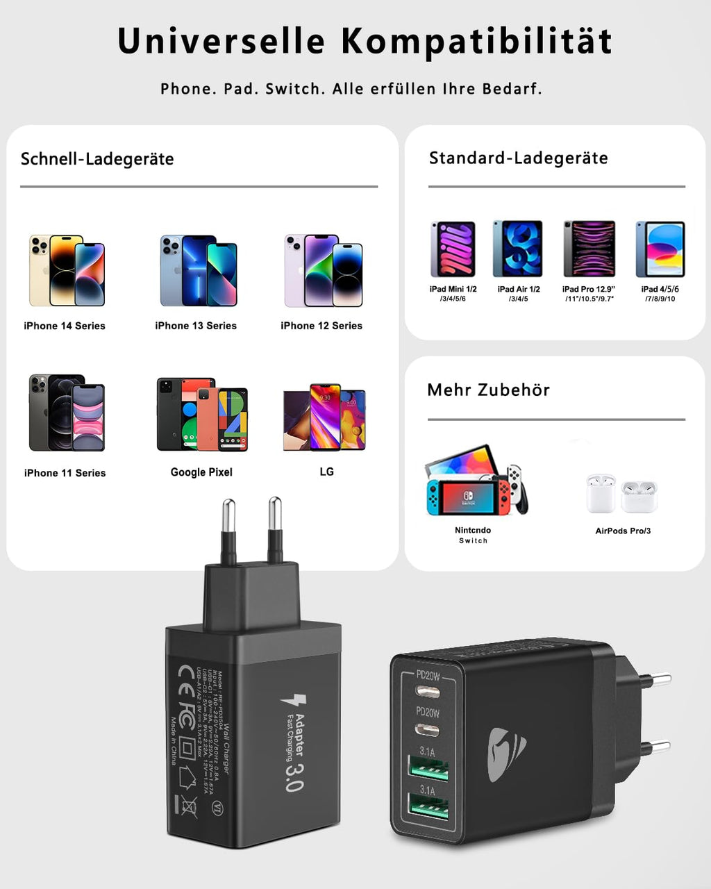 USB C Ladegerät, 40W 4-Port USB ladegerät Mehrfach Schnellladegerät PD 3.0