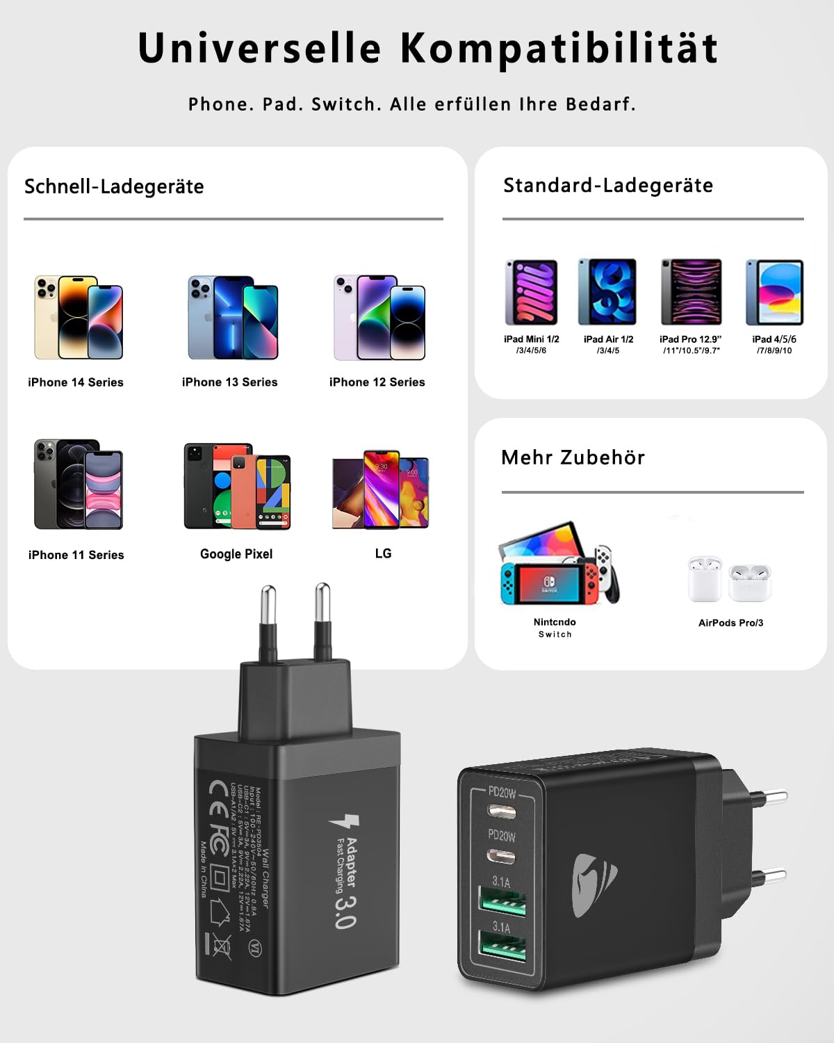 USB C Ladegerät, 40W 4-Port USB ladegerät Mehrfach Schnellladegerät PD 3.0